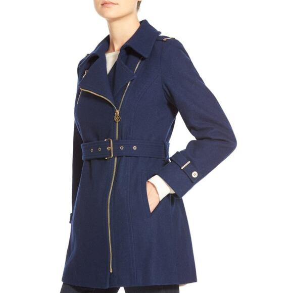 Michael Kors Wool Blend Belted Peacoat Classic Preppy Collared Jacket Navy Blue - Picture 3 of 15